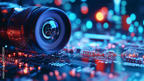 In a dimly lit environment, a camera lens sits on a circuit board, with various electronic components and solder points visible. The close-up view captures the precision and comple photo