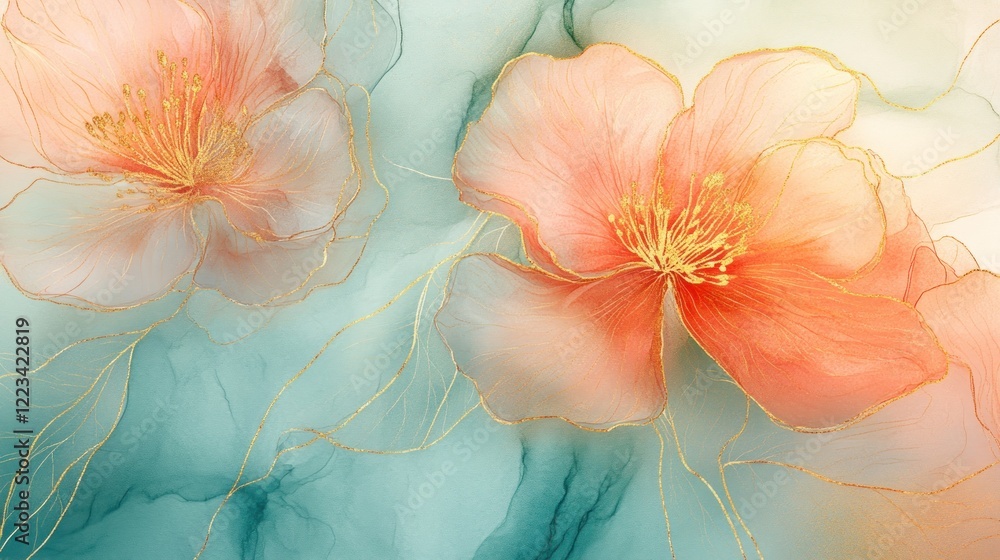 Abstract Floral Art with Peach and Teal Hues Abstract Floral Art with Peach and Teal Hues