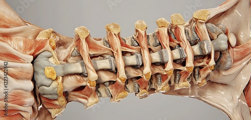 Detailed anatomical representation of the human spine, focusing on vertebral column and surrounding tissue photo