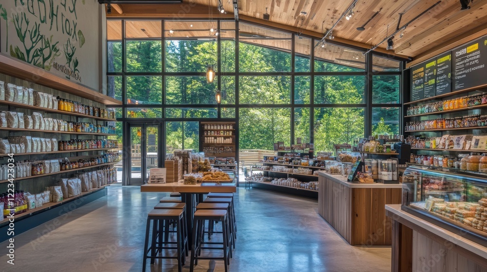 Modern Store Interior With Forest View And Shelving Modern Store Interior With Forest View And Shelving