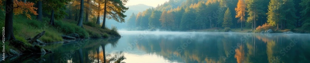Reflections of tall trees on the calm surface of the lake, nature, tall trees, peaceful