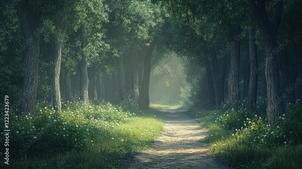 Naklejka premium Serene Forest Path Sunlight Through Trees
