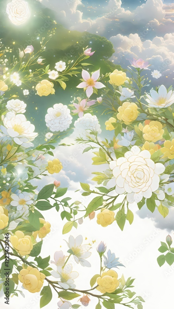 Fototapeta premium 視覚的な静けさ, おとぎ話のインスピレーション, 天国のような風景, 自然光, 優しい雰囲気, 描かれた自然, 妖精の庭, 自然のディテール, 幻想的な美しさ.