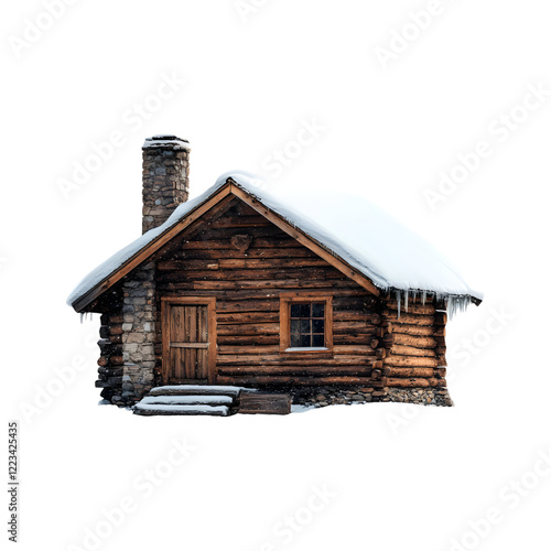 Snowfall on a Rustic Wooden Cabin Isolated on Transparent Background photo