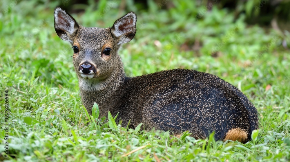 Resting fawn: young deer in lush green meadow Resting fawn: young deer in lush green meadow