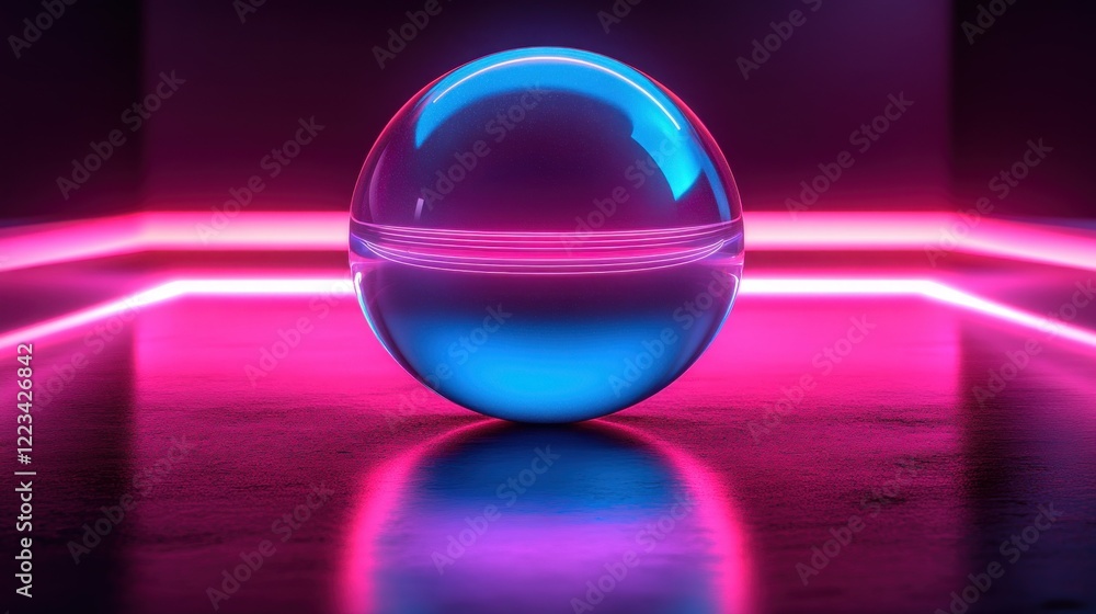 Neon-lit glass orb on reflective surface, futuristic room Neon-lit glass orb on reflective surface, futuristic room
