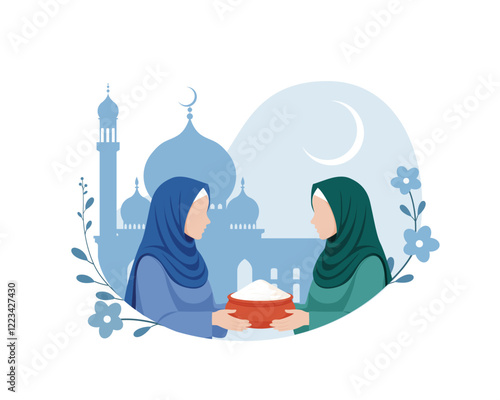 muslim people giving alms zakat or infaq donation to a person who need it in flat cartoon