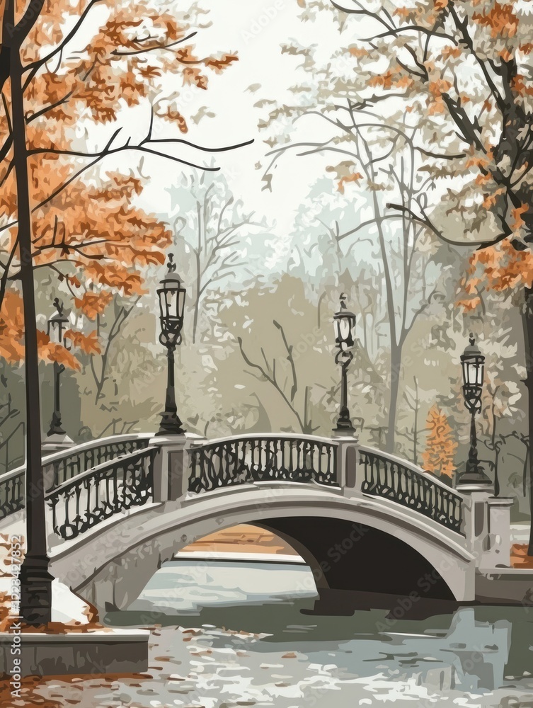 Fototapeta premium Elegant bridge and ornamental trees in realistic greengraywhite style