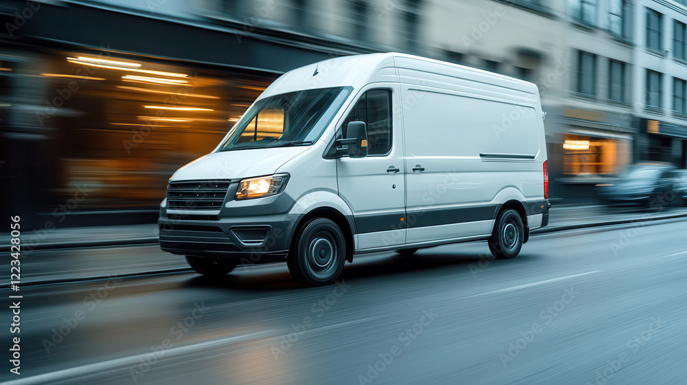 A white delivery van speeds along a city street at dusk, showcasing urban life and transportation in motion A white delivery van speeds along a city street at dusk, showcasing urban life and transportation in motion