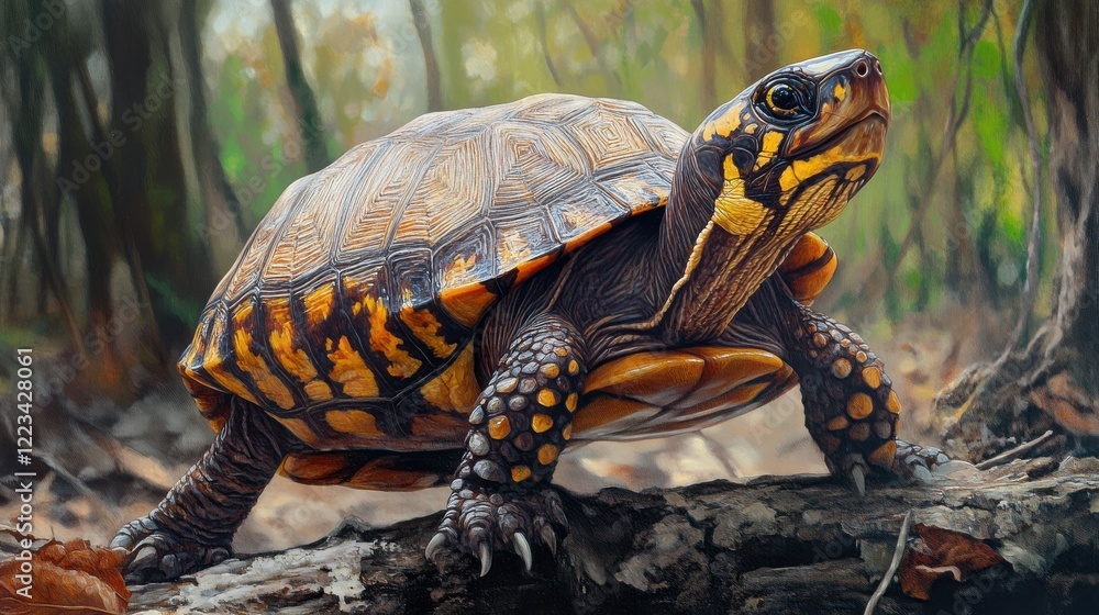 Obraz premium Eastern box turtle in natural forest habitat with sunlit background