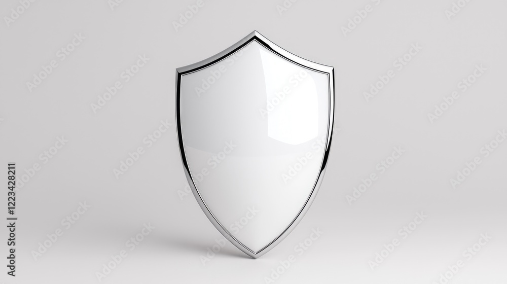 White shield, chrome border, security concept, plain background, protection symbol White shield, chrome border, security concept, plain background, protection symbol