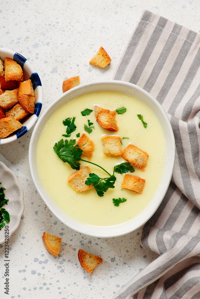 Cheese French Cream Soup with Croutons.style hugge.selective focus Cheese French Cream Soup with Croutons.style hugge.selective focus