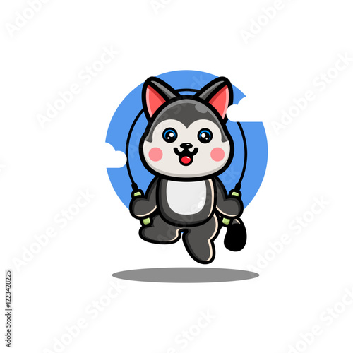 A cute husky skipping rope with a blue sky and clouds background