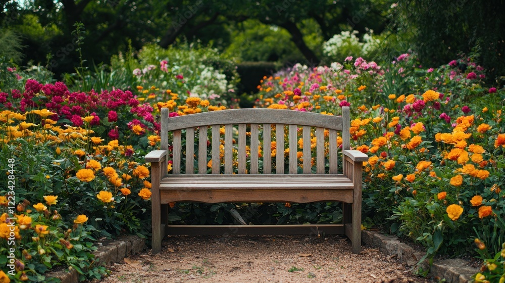 Garden bench amidst blooming flowers, peaceful park Garden bench amidst blooming flowers, peaceful park