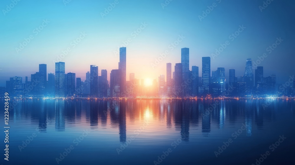 Fototapeta premium Stunning Cityscape Skyline at Sunrise Peaceful Modern Urban Landscape Beautiful City Reflection Water Tranquil Scene Serene Atmosphere Majestic 