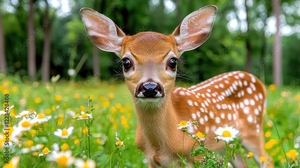 Fawn in daisy field, forest background; wildlife nature Fawn in daisy field, forest background; wildlife nature