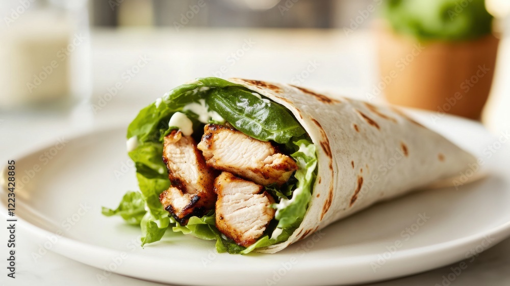 A classic Caesar wrap with crisp romaine lettuce, grilled chicken, Parmesan cheese A classic Caesar wrap with crisp romaine lettuce, grilled chicken, Parmesan cheese