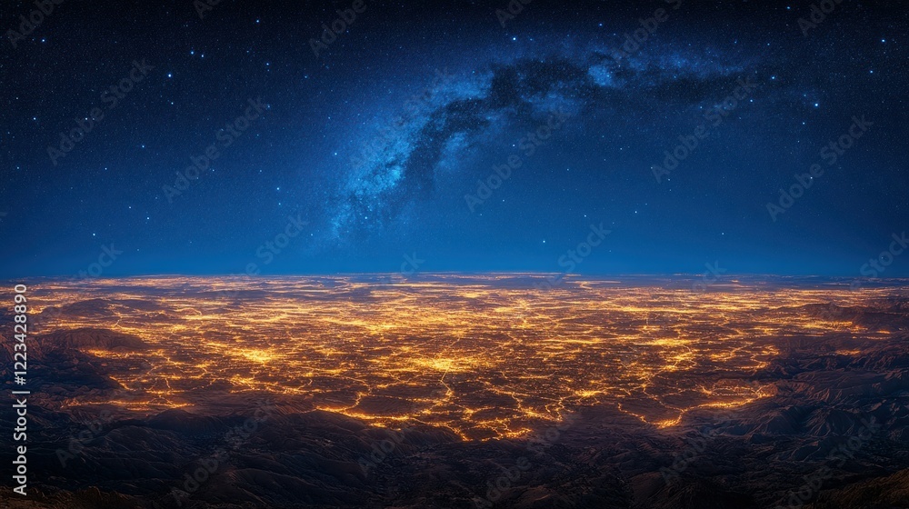 Fototapeta premium Night Earth, city lights, space, galaxy, aerial view, design