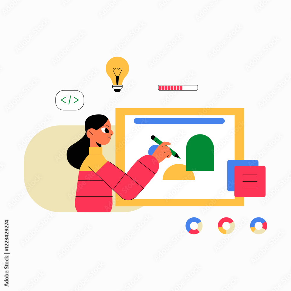 Female Designer Creating Digital Art In Flat Vector Illustration Symbolizing Creativity, Innovation, And Digital Design, Isolated On White Background Female Designer Creating Digital Art In Flat Vector Illustration Symbolizing Creativity, Innovation, And Digital Design, Isolated On White Background