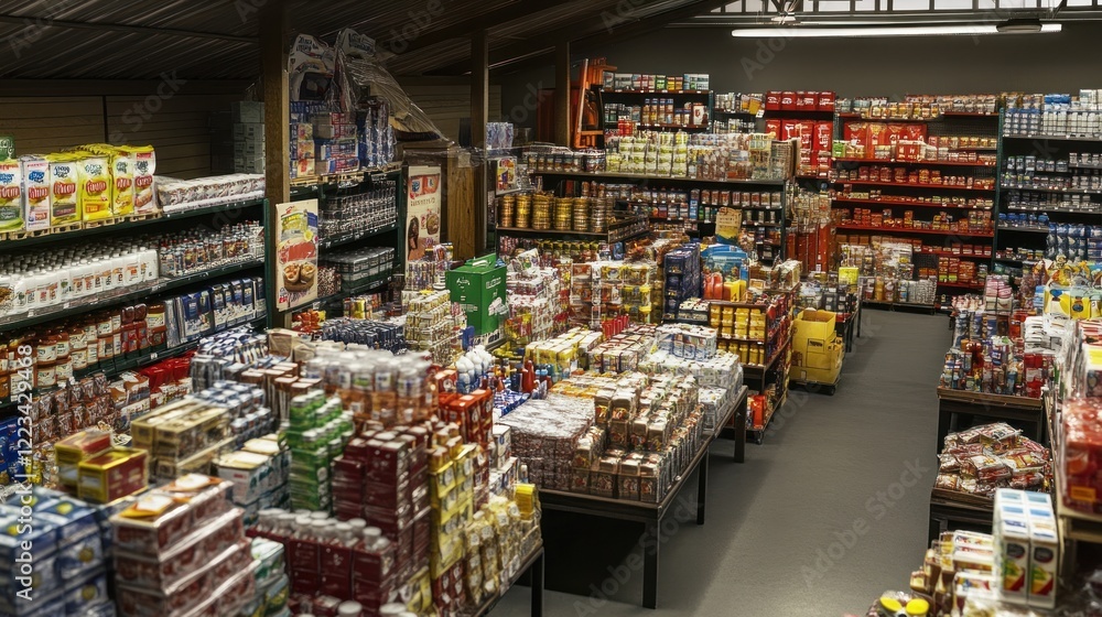 Naklejka premium A well stocked grocery store aisle with various food items
