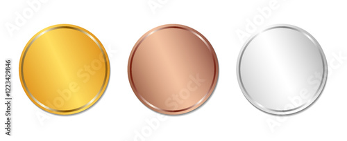 Blank gold, silver and bronze medals with realistic 3D vector illustration. First, second and third place medals or buttons isolated on white background. eps 10
