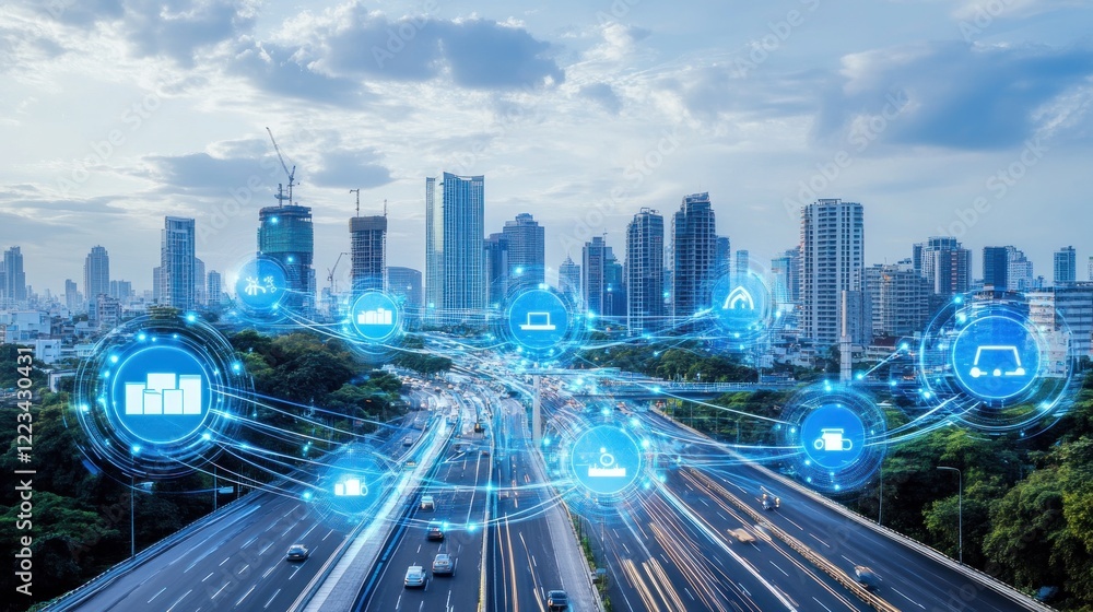 Fototapeta premium Smart City Infrastructure Network Over Busy Highway