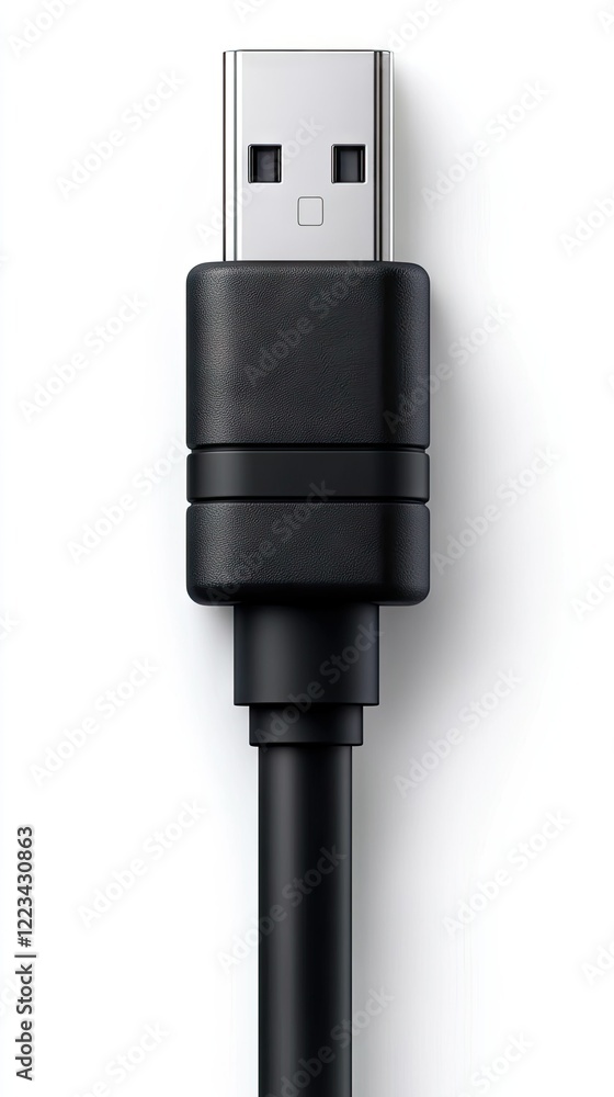Black USB cable connector with focus on the plug and cord details captured on a clean white background Black USB cable connector with focus on the plug and cord details captured on a clean white background