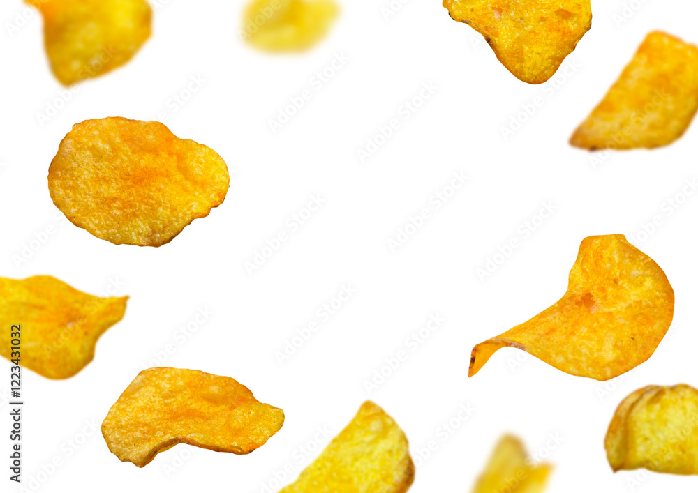 Naklejka premium Flying isolated chips crunchy snack Set of chips 