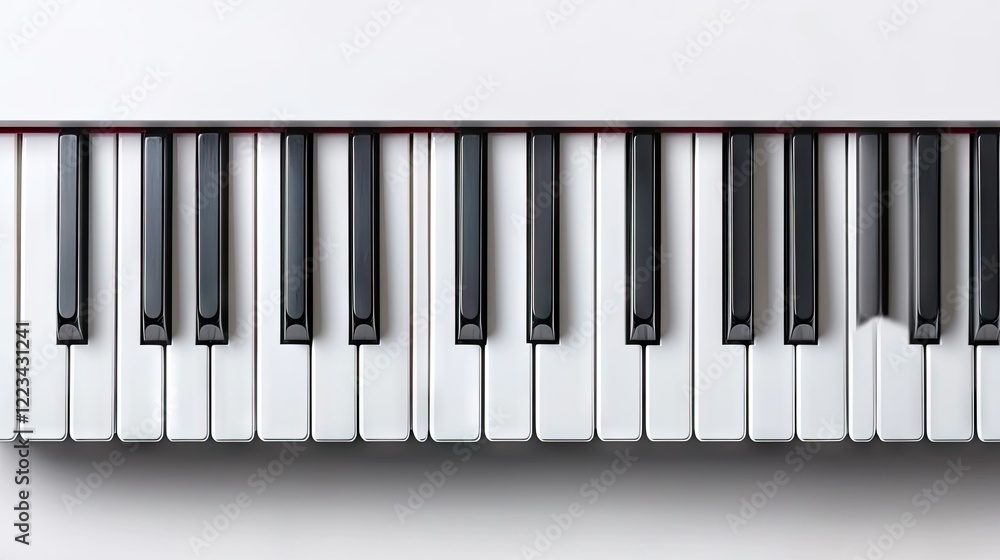 Various piano keys arranged in a horizontal line showing black and white keys with bright lighting illuminating their surface Various piano keys arranged in a horizontal line showing black and white keys with bright lighting illuminating their surface