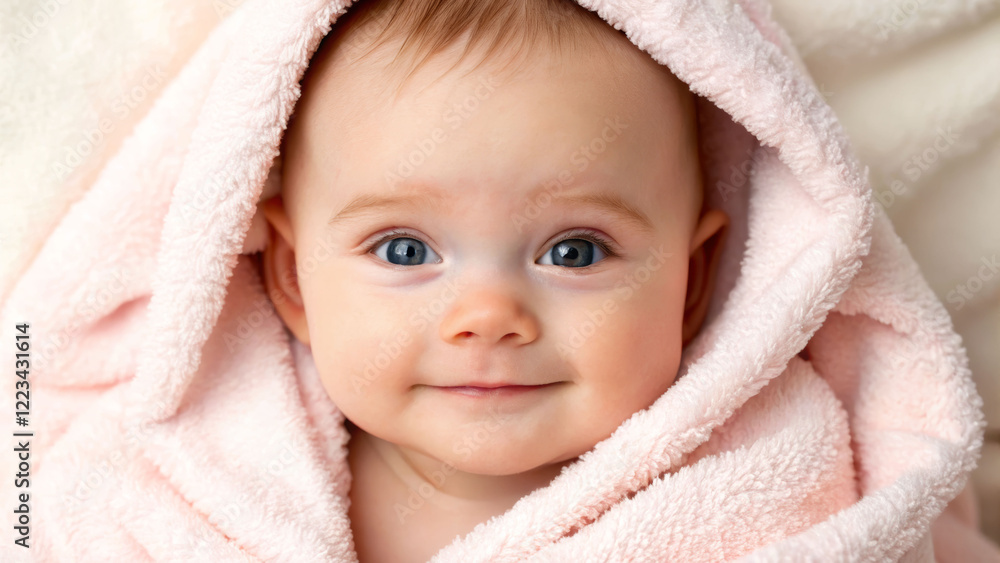 Soft smiles of an adorable baby wrapped in a cozy pink blanket indoor setting close-up portrait Soft smiles of an adorable baby wrapped in a cozy pink blanket indoor setting close-up portrait