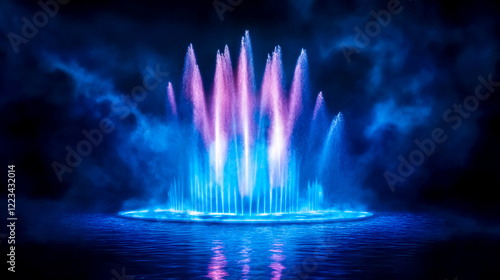Dancing fountains with water jets and light effects at night
