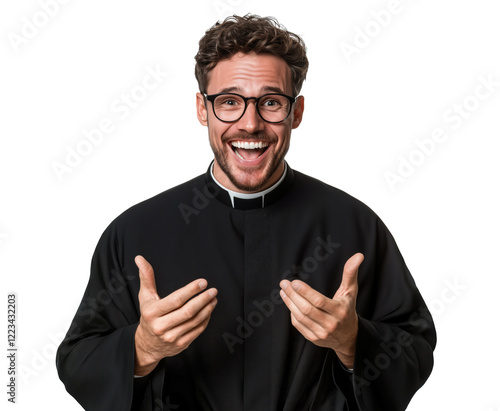 Cheerful clergyman wearing glasses and a black robe with a transparent background interacting with a joyful expression