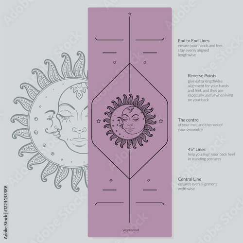 Alignment Yoga Mat design template. Vector illustration. Ready to print modern style. Perfect support in any asana, for the most demanding yogis with beautiful sybol in the center point inspired by