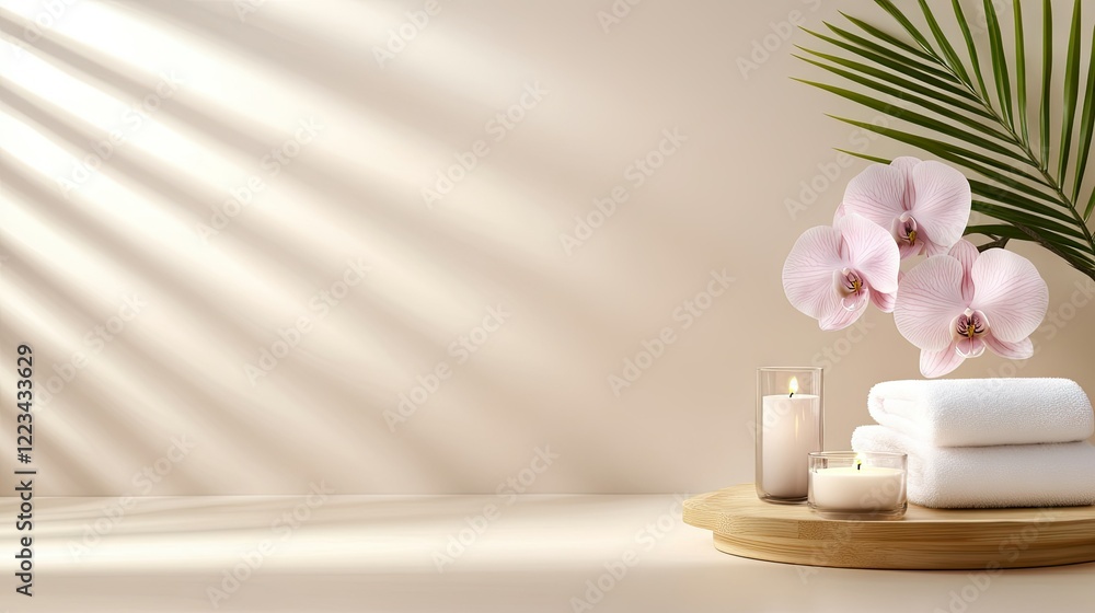 Relaxing spa setting with candles, soft towels, and orchids creating an inviting atmosphere for self-care Relaxing spa setting with candles, soft towels, and orchids creating an inviting atmosphere for self-care