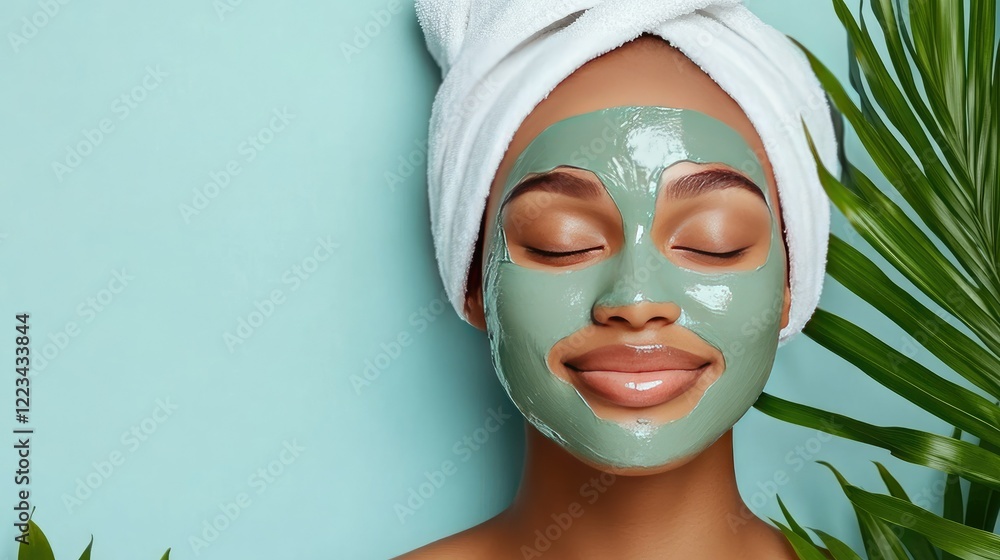 A woman is enjoying a peaceful moment while wearing a green facial mask, surrounded by lush tropical plants in a calming setting A woman is enjoying a peaceful moment while wearing a green facial mask, surrounded by lush tropical plants in a calming setting
