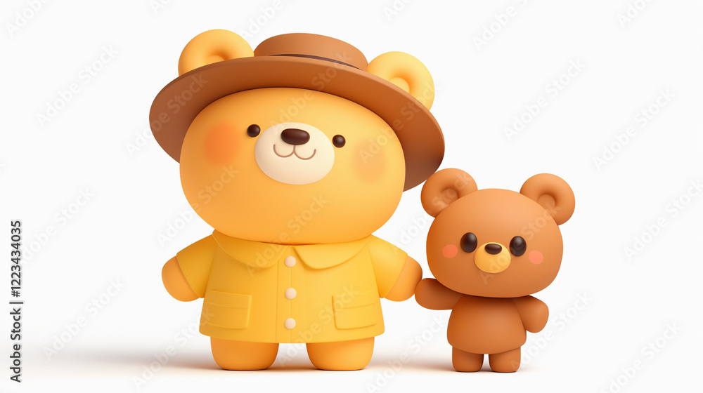Fototapeta premium Bear in Hat and Shirt with Small Bear on White Background