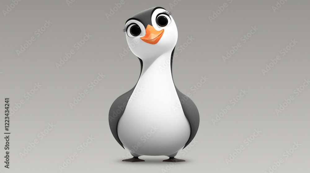 Obraz premium Funny Black and White Bird on Grey Backdrop, Illustration for Kids