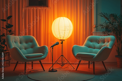 Two stylish chairs facing each other and a retro microphone on a stand between them. Home studio. A combination of professional equipment and a cozy space for filming. Copy space. photo