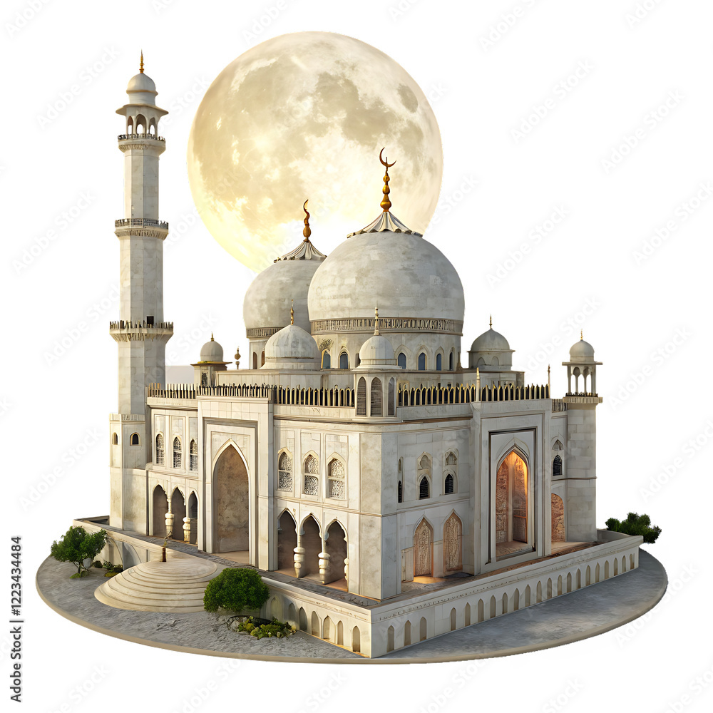 Fototapeta premium D Mosque with Full Moon in Background isolated on white background as transparent. PNG. AI GENERATED.