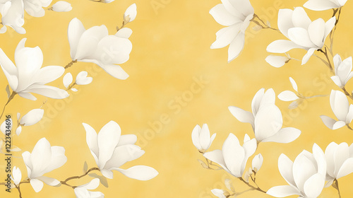 White magnolias painted in watercolor on yellow wallpaper. Design for a postcard.