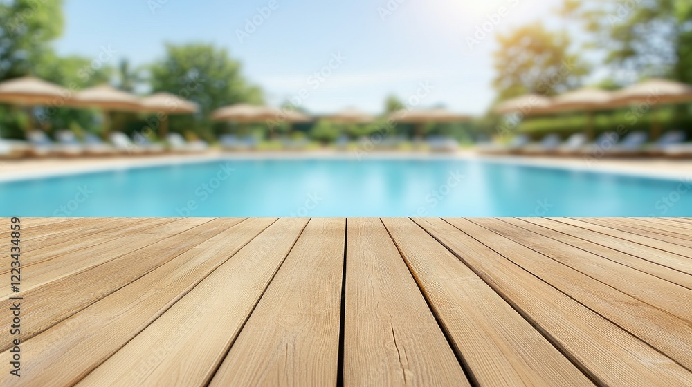 Wooden deck overlooking a serene swimming pool with umbrellas and lounge chairs in a sunny outdoor setting Wooden deck overlooking a serene swimming pool with umbrellas and lounge chairs in a sunny outdoor setting