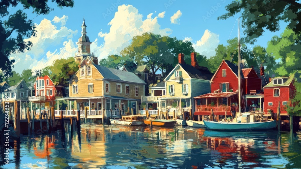 Fototapeta premium Colorful Waterfront Houses With Boats On A Sunny Day