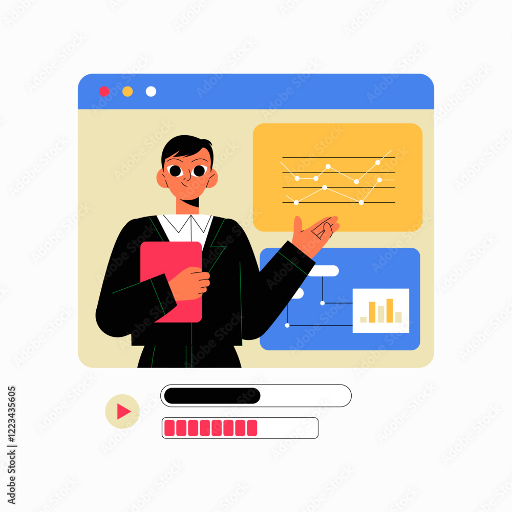 Male Business Analyst Presenting Data Charts In Flat Vector Illustration Symbolizing Analytics, Performance Reporting, And Data Visualization, Isolated On White Background. Male Business Analyst Presenting Data Charts In Flat Vector Illustration Symbolizing Analytics, Performance Reporting, And Data Visualization, Isolated On White Background.