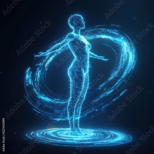 Digital fusion of human form and circuitry virtual space 3d artwork futuristic environment close-up view technology concept photo