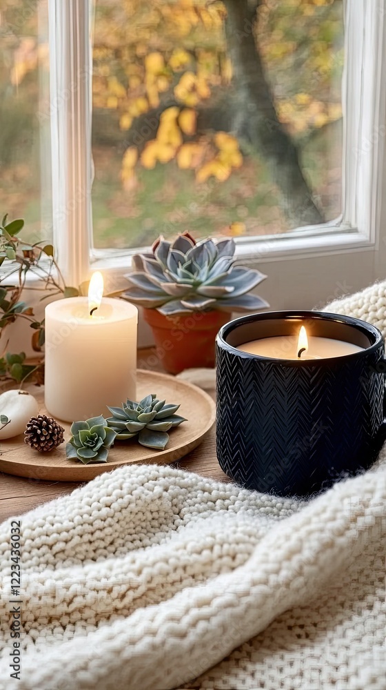 On a cozy autumn afternoon, the warm glow of candles complements the vibrant succulents placed beautifully by the window On a cozy autumn afternoon, the warm glow of candles complements the vibrant succulents placed beautifully by the window