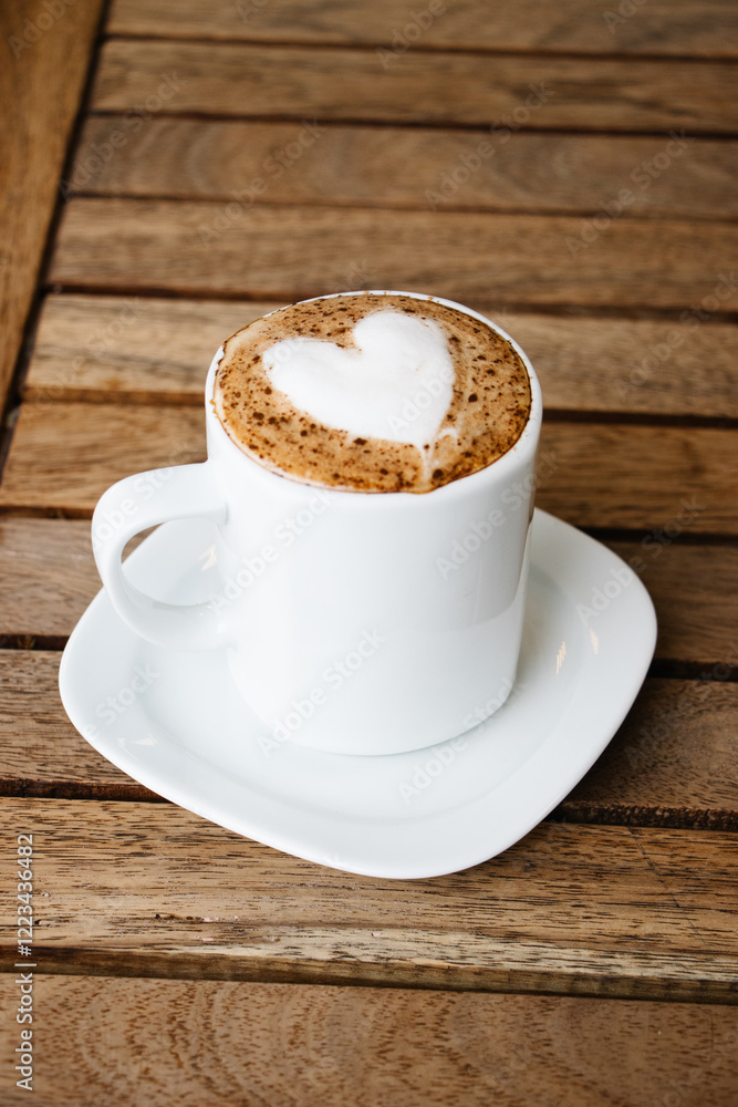 Obraz premium Taza de chocolate caliente con la espuma en forma de corazón 