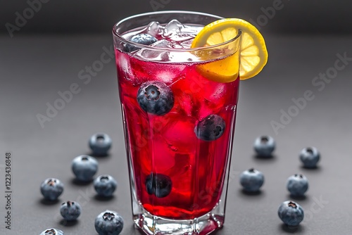 A refreshing iced blueberry lemonade, served in a tall glass with floating blueberries and a slice of lemon. photo