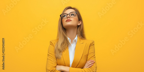 young businesswoman model posing in studio with yellow office suit in a yellow isolated background