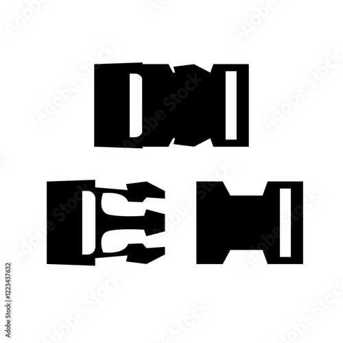 Fastex, fastener, latch for a backpack. Black and white vector illustration.