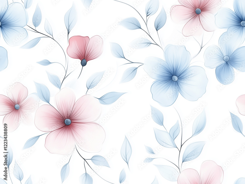 Fototapeta premium Pastel blue and pink floral pattern on white background